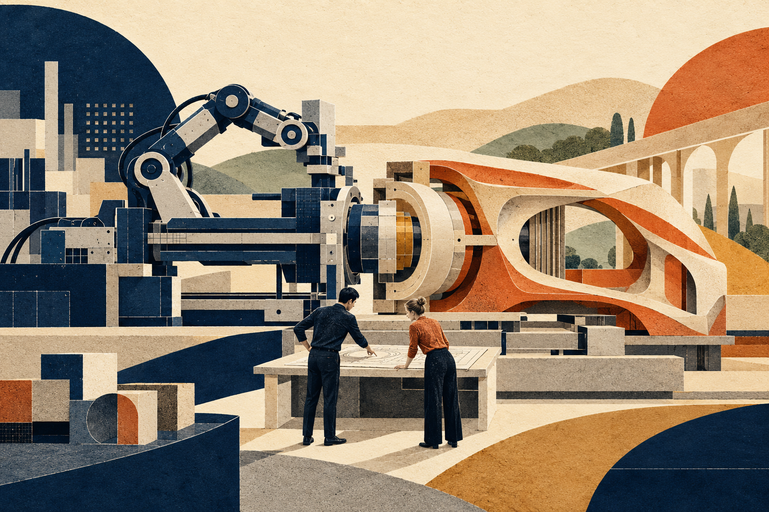 Illustrazione di due persone che progettano insieme l’incontro fra tecnologia industriale e design europeo