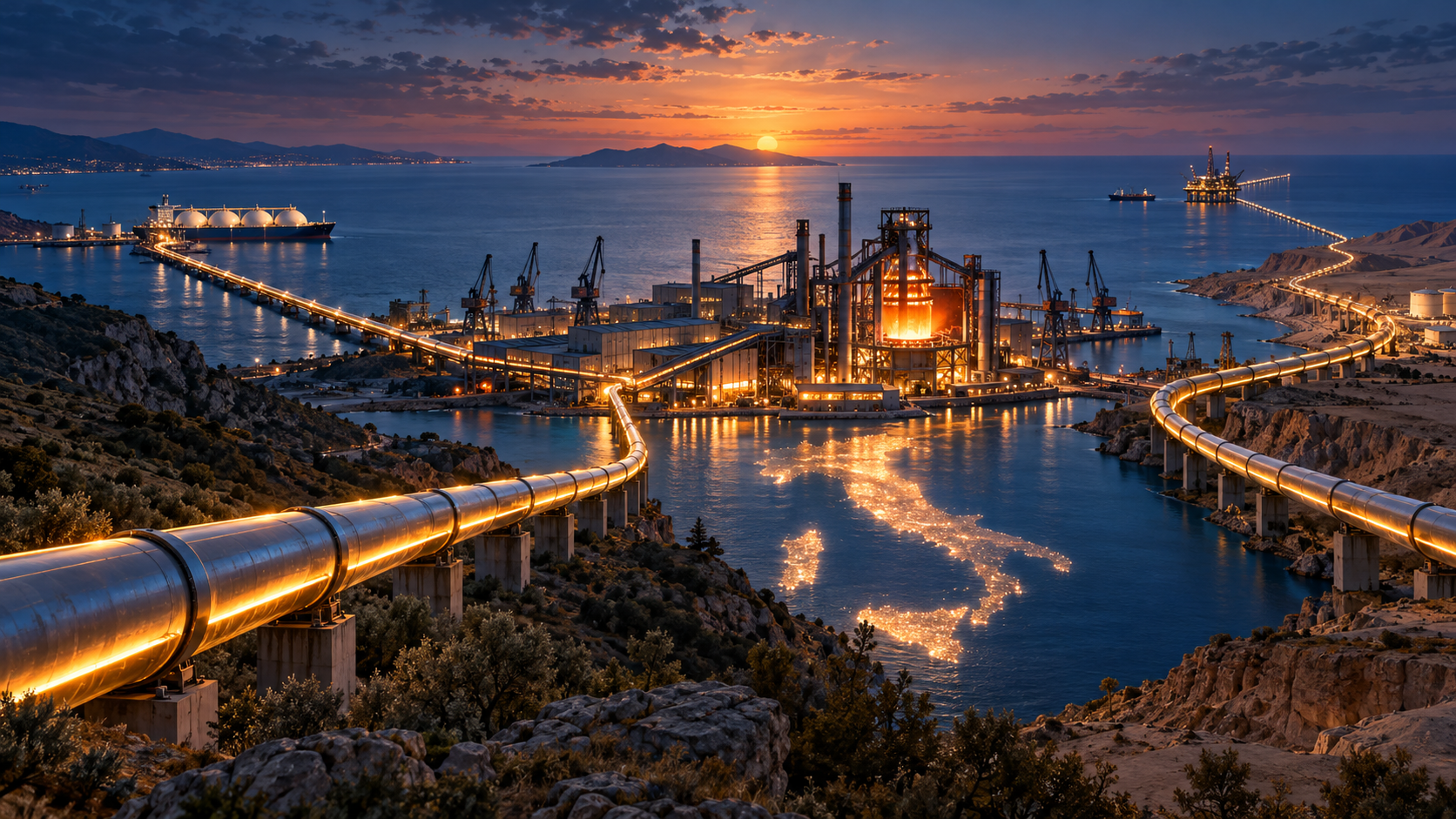 Un impianto siderurgico affacciato sul Mediterraneo e reti di gasdotti luminosi che convergono verso l'Italia